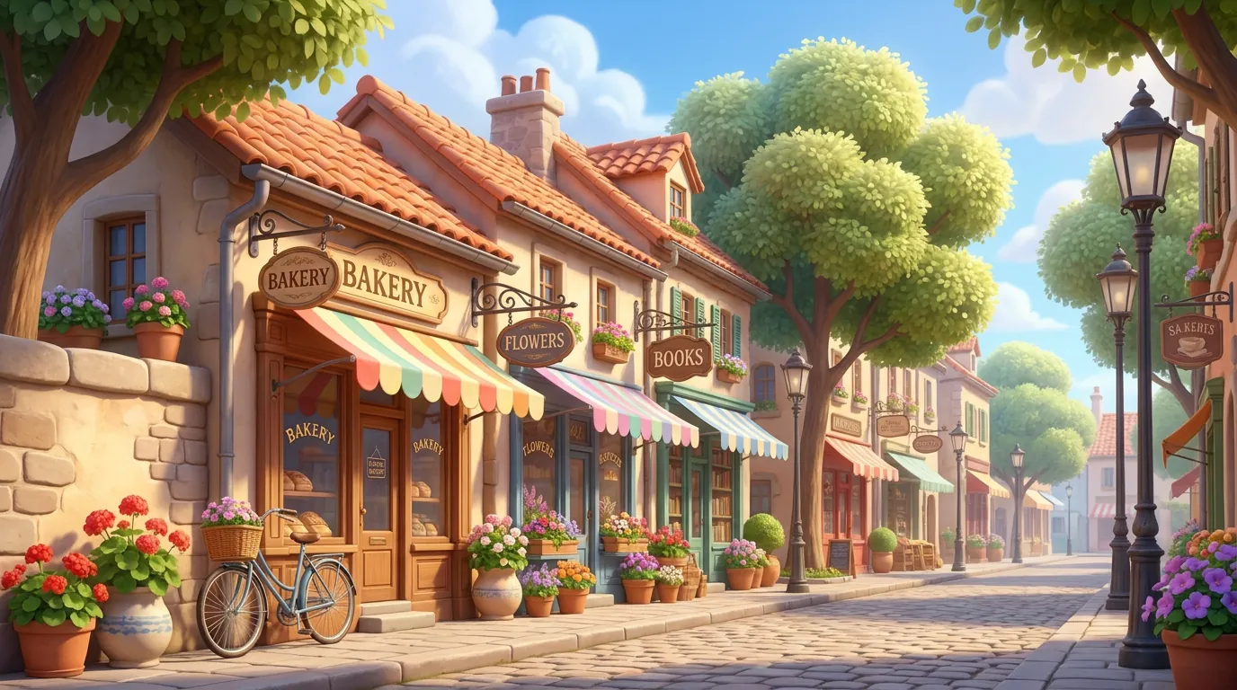 3Dアニメーション調で描いた、ヨーロッパの石畳の街並み