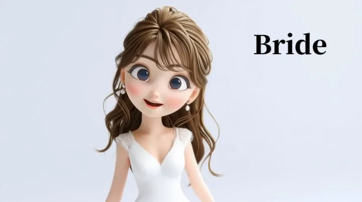 ウェディングドレス姿の3Dアニメーション調の新婦キャラクター